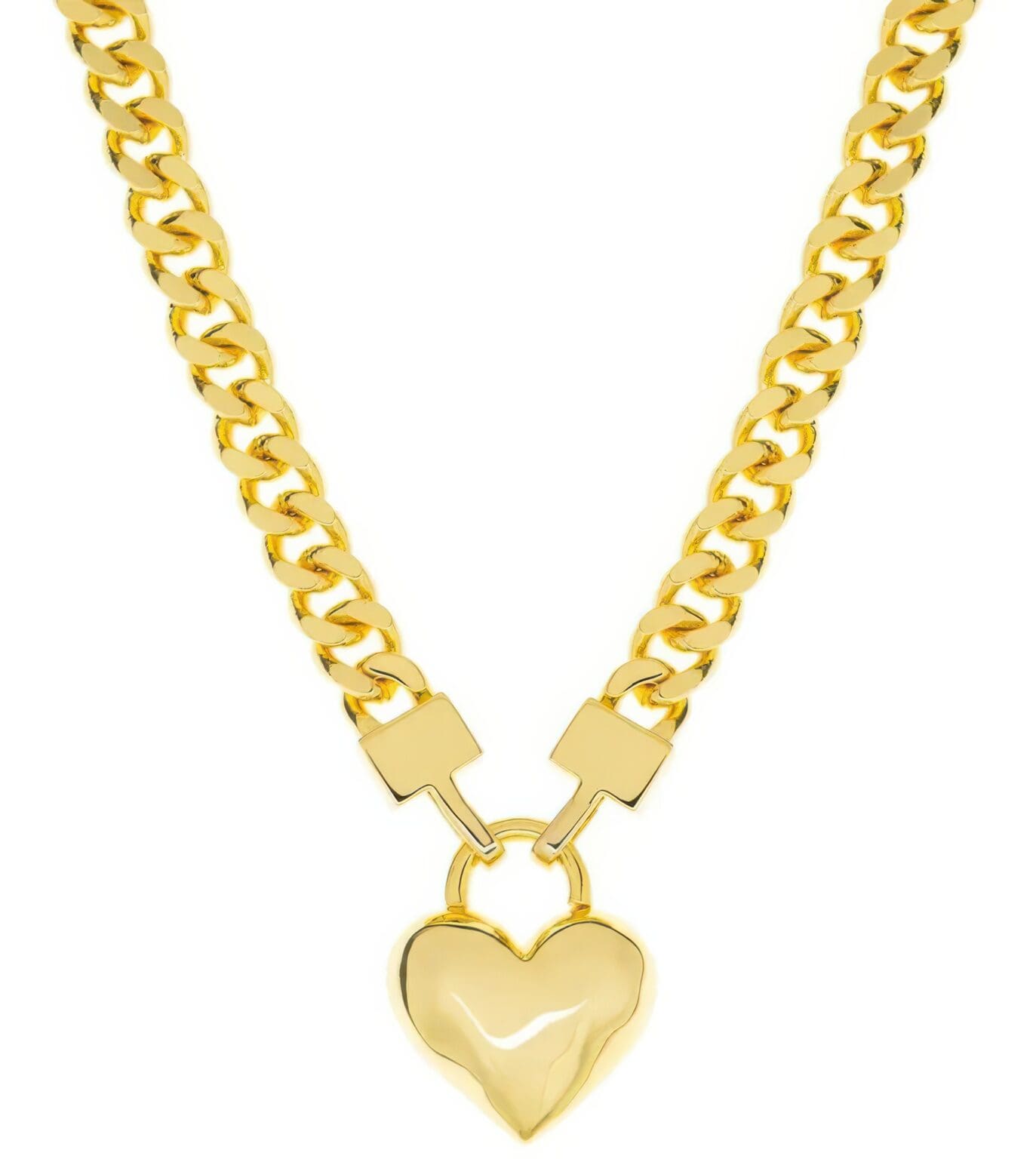A gold chain with a heart shaped pendant.