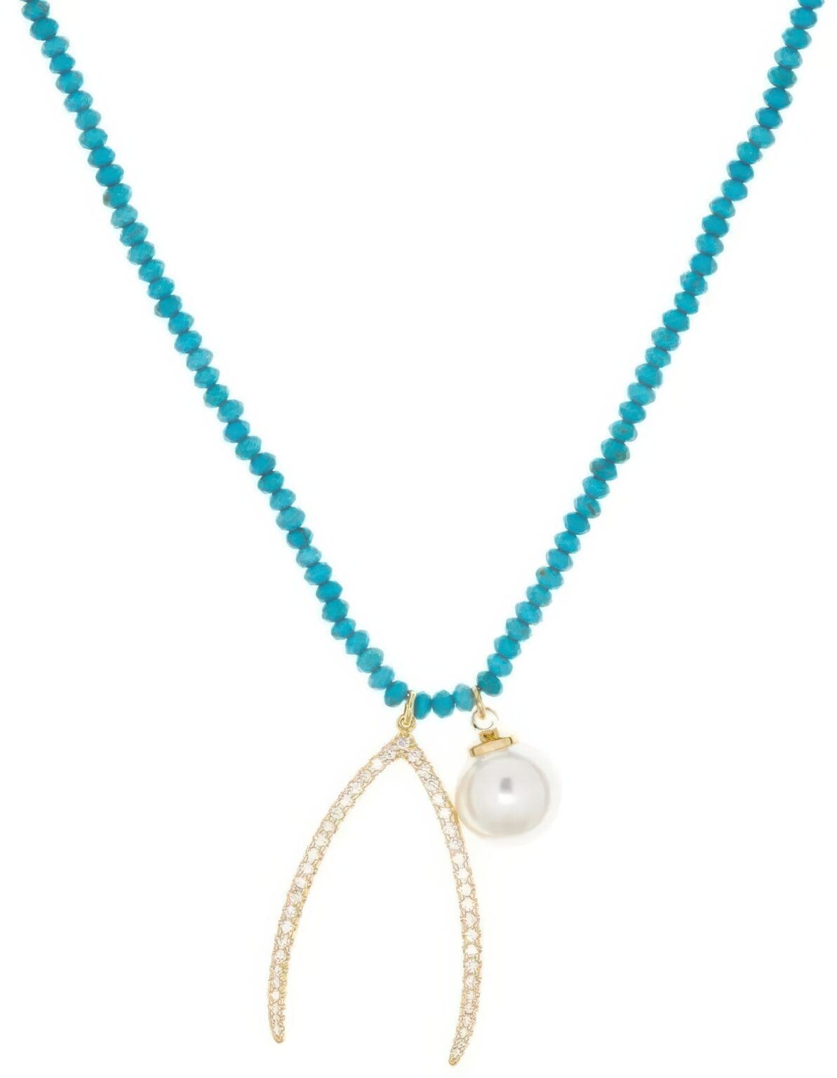 A necklace with two different colored beads and a pearl.
