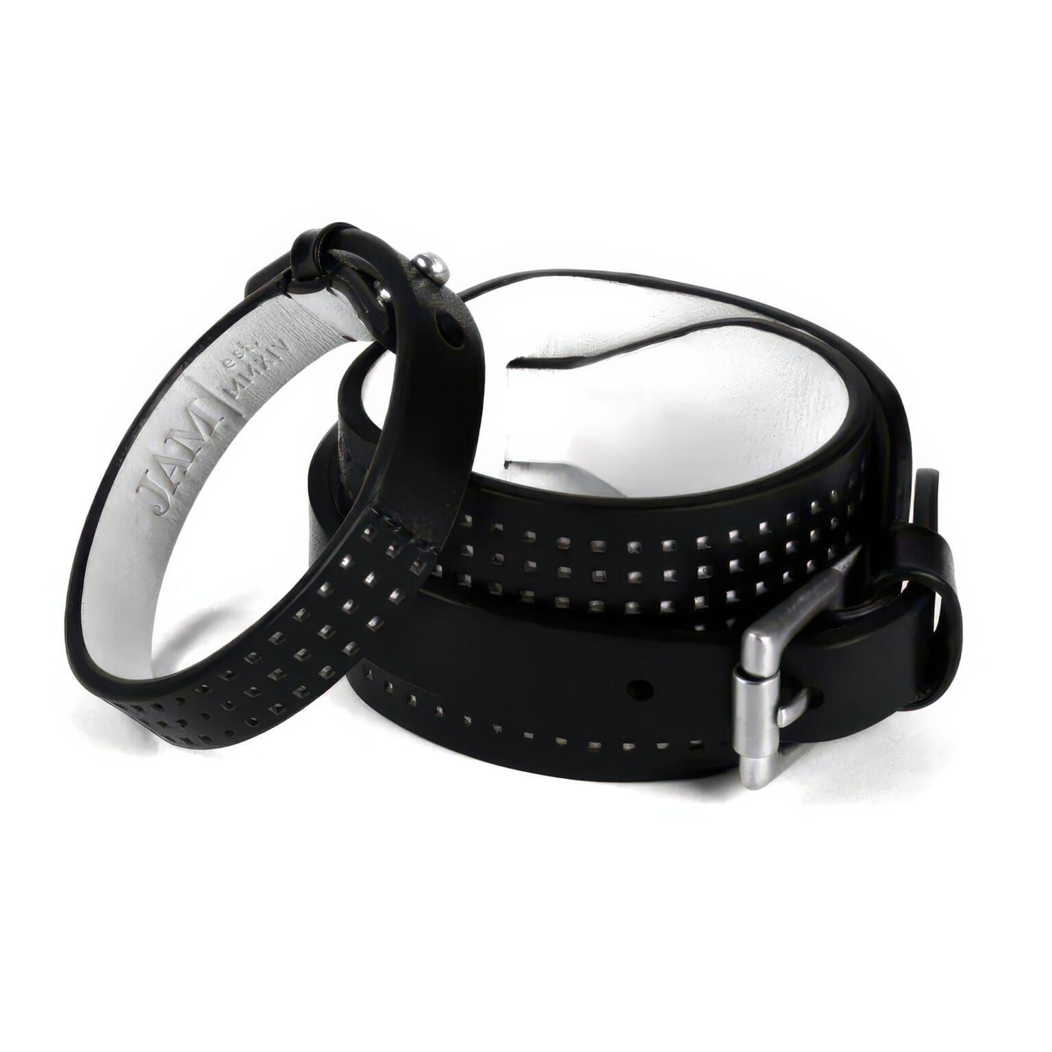 A black leather belt with silver studs on it.