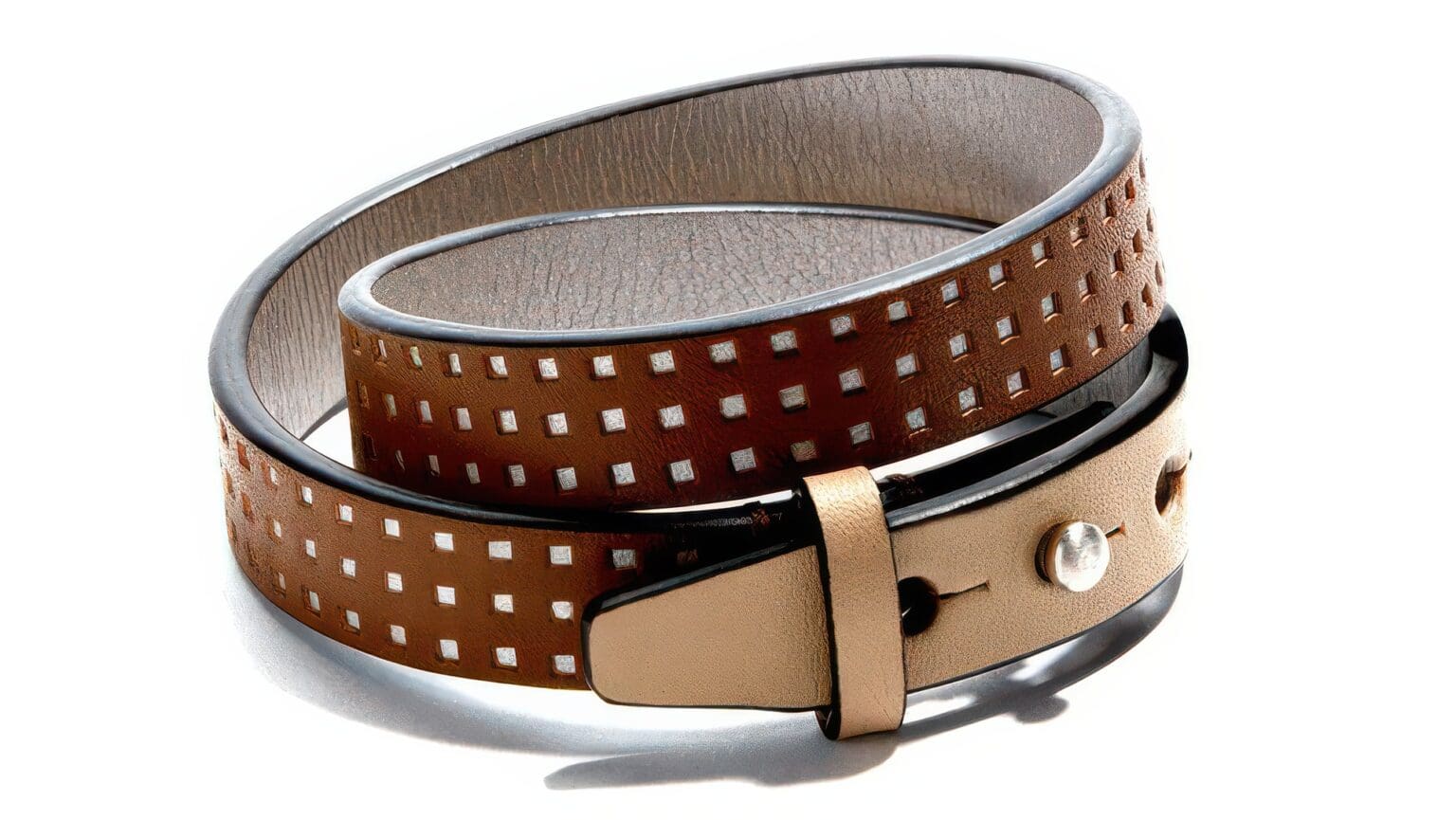 A brown leather bracelet with white dots on it.