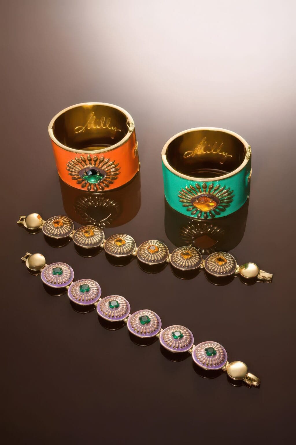 A table with two bracelets and two rings.