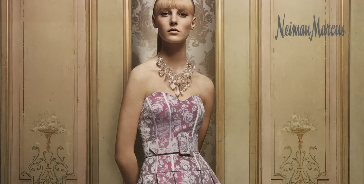 A mannequin wearing a dress and necklace in a room.