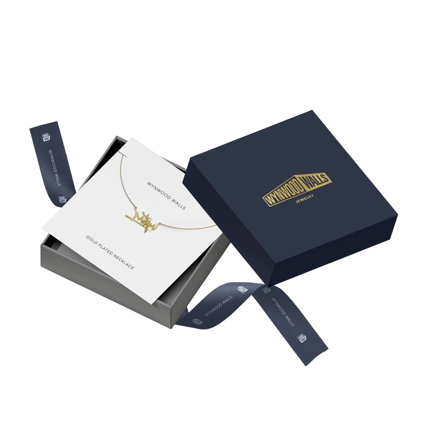 Gold necklace in an open gift box.